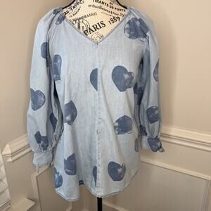 Cato Women’s Blouse Size Small Light Blue With Dark Blue Hearts 3/4 Sleeves